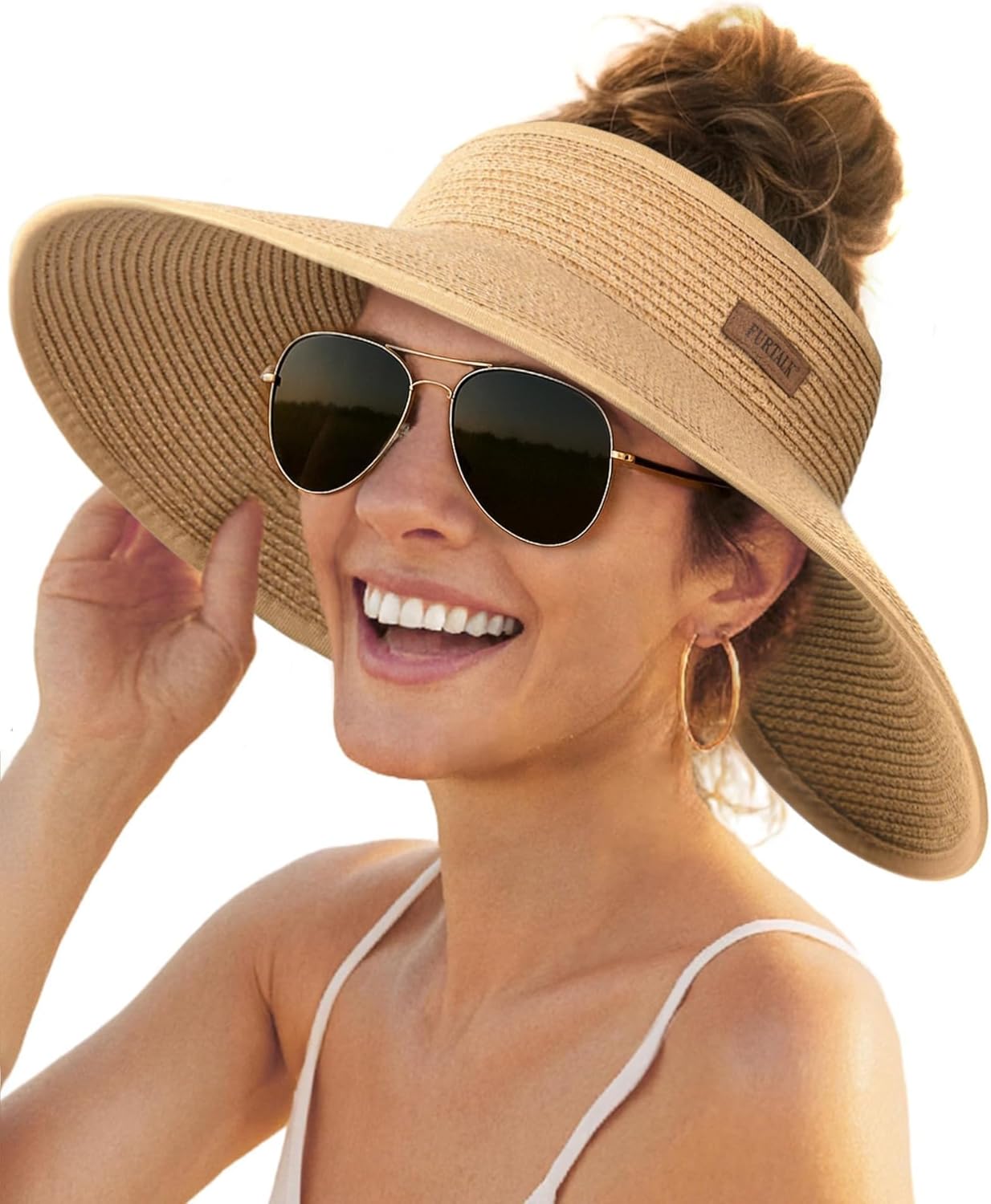 FURTALK Sun Hats for Women Wide Brim Beach Hat Straw Visor Ponytail Summer UV Packable Foldable Beach Vacation Essentials