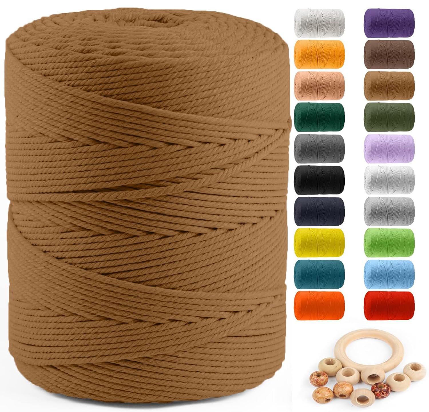 Macrame Cotton Cord 4mm x 547yds, ZUEXT Natural Handmade Caramel Braided Cords 4 Strands Knitted Rope String for Craft Wall Hanging Weaving Tapestry