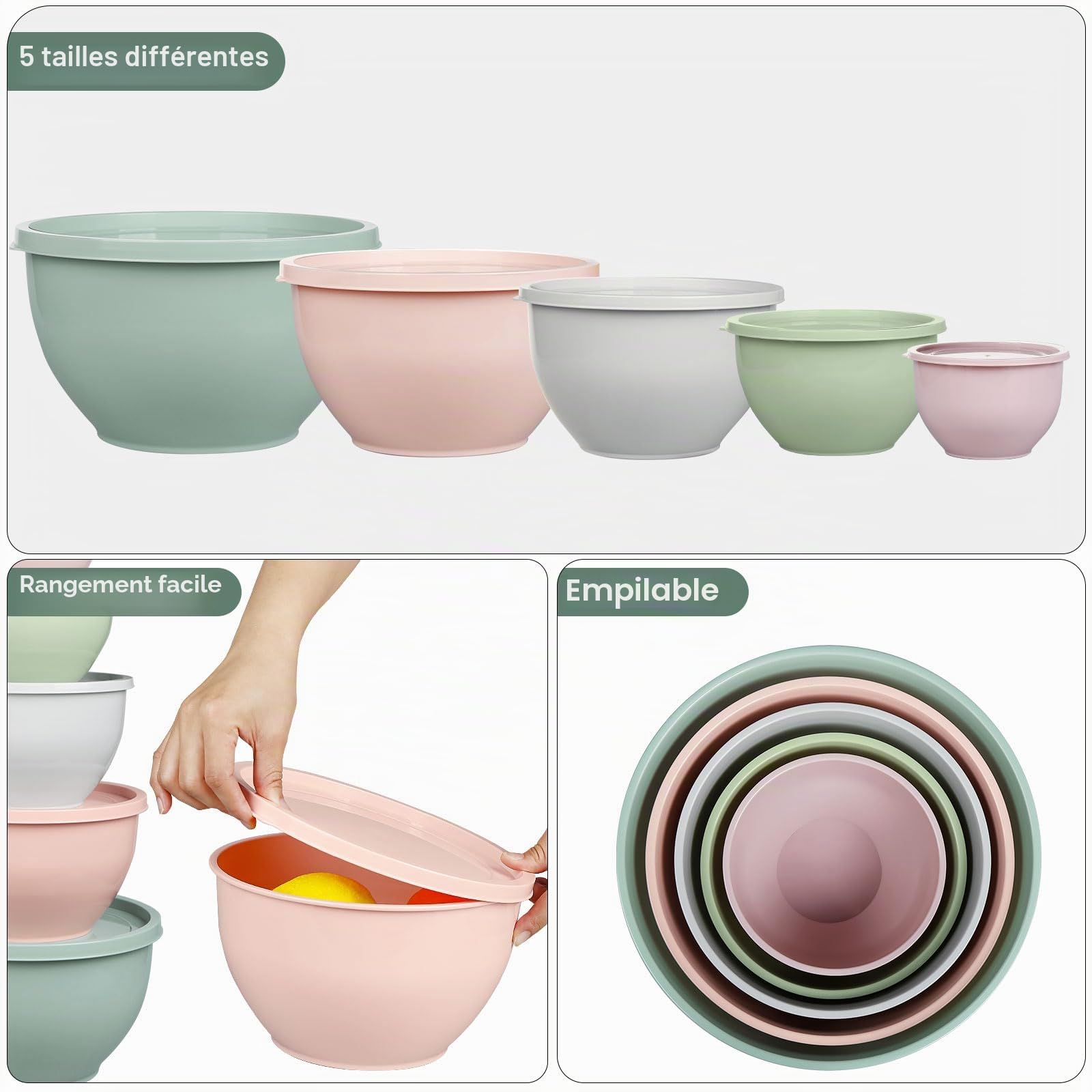 Greentainer Lot de 5 bols à mélanger en plastique avec couvercles, bols gigognes pour préparer, servir, cuisiner et pâtisserie, grand saladier pour le rangement de la cuisine, passe au lave-vaisselle