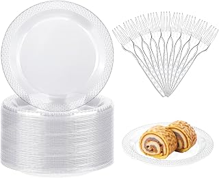 Eunika 100 Pcs Clear Plastic Plates and Forks Set for Birthday Party Supplies, 6 Inch Disposable Dessert Plates Appetizer/Salad/Cake Plates for Wedding, Christmas