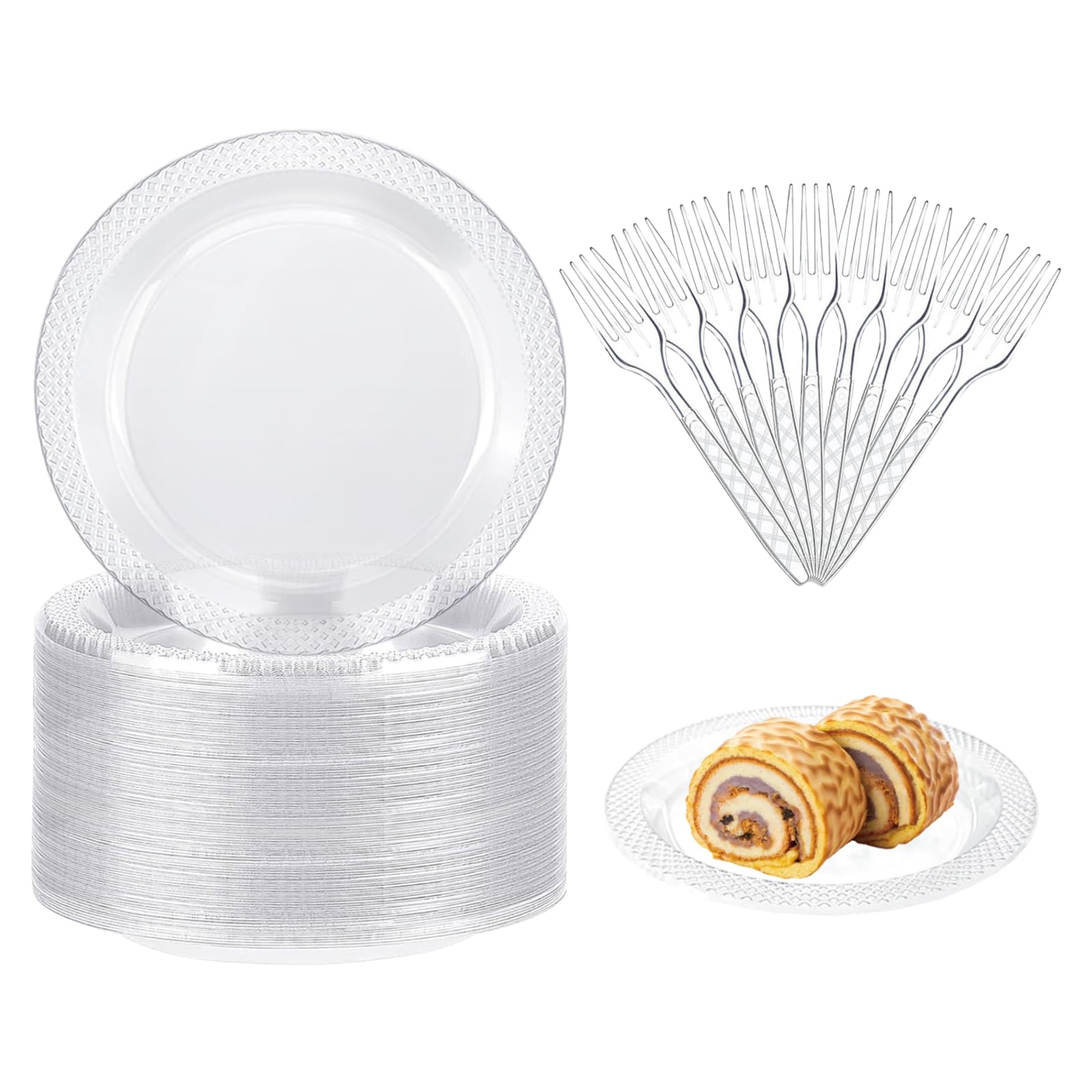 Photo 1 of 100 Pcs Clear Plastic Plates and Forks Set for Party Supplies, 6 Inch