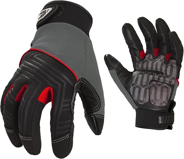 Vgo... 1 Pair Cowhide Leather Medium Duty Mechanic Work Gloves, Anti-Vibration, Anti-Abrasion, Safety Gloves (Size L, Gray+Red, CA9729HL)