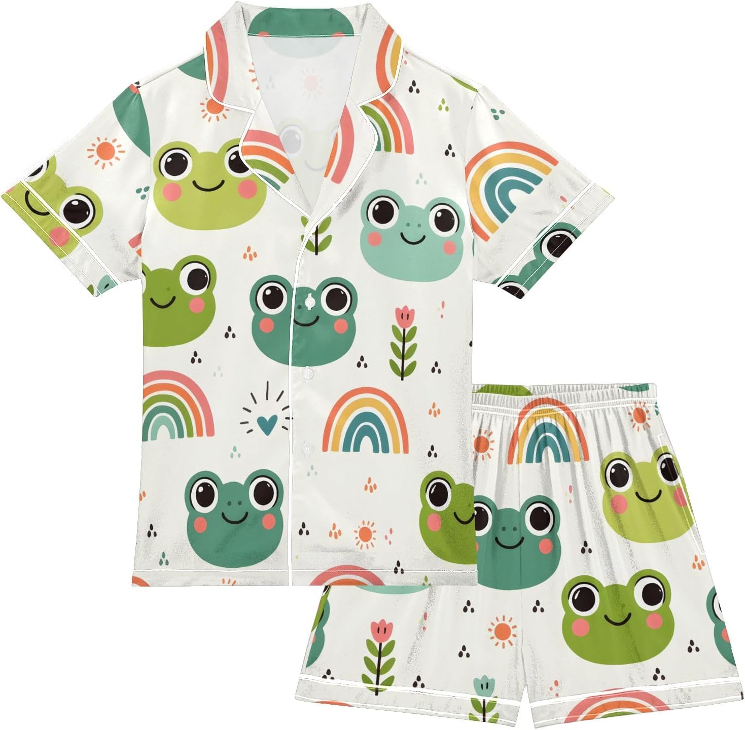 Kids Casual Satin Wear Set Cute Frog Head and Small Rainbow Unisex Short Sleeve Clothing for Relaxing
