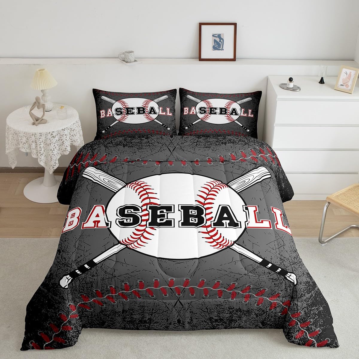 Feelyou Baseball Comforter Set Queen Size Kids Softball Comforter for Boys Girls Teens Sports Game Grey Bedding Set Sports Theme Quilt Set