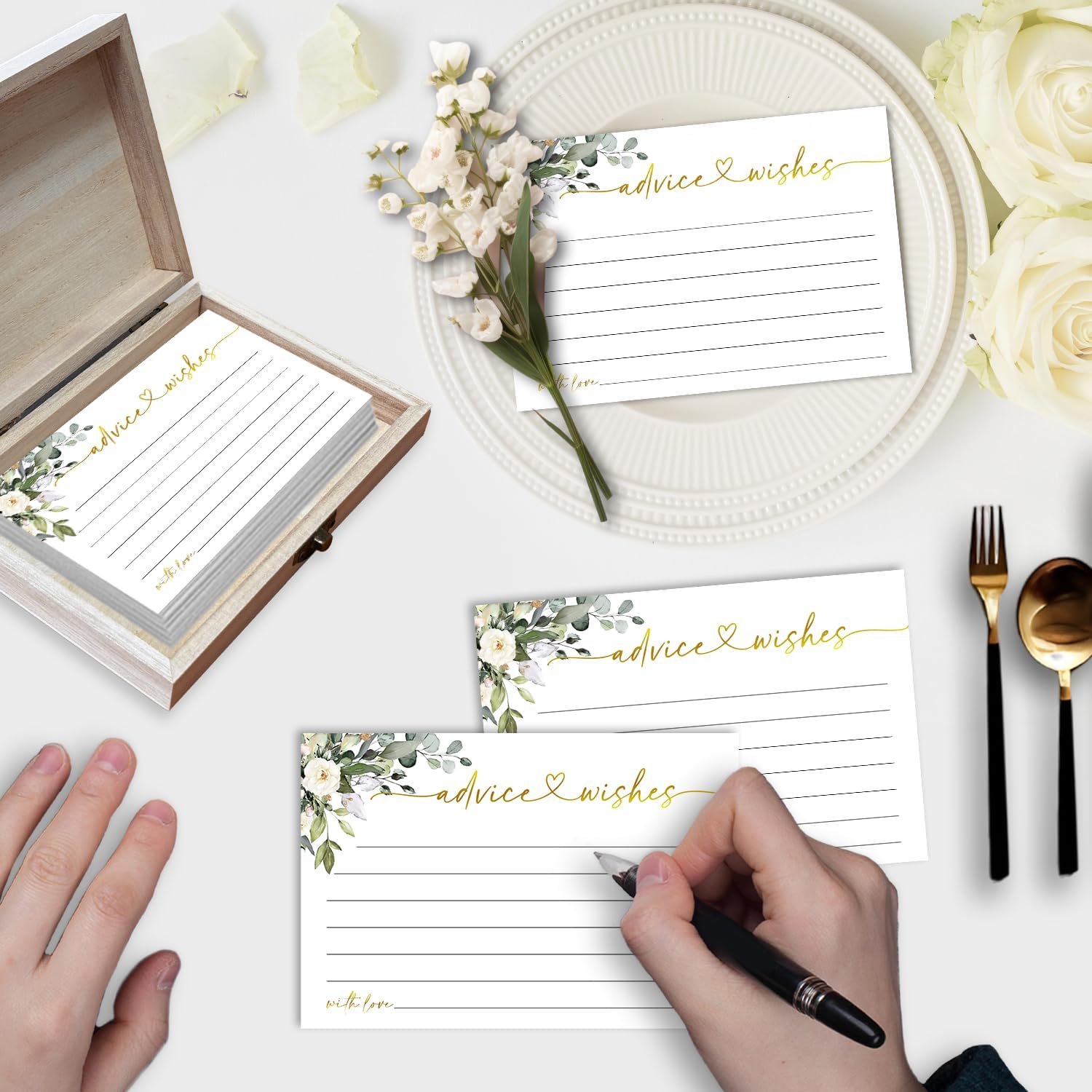 Advice and Wishes Cards with Box - 50 Pcs Floral Advice Cards for Wedding, Bridal Shower, Baby Shower, Well Wishes Box for Graduation, Christmas, Birthday Party Decorations -A04