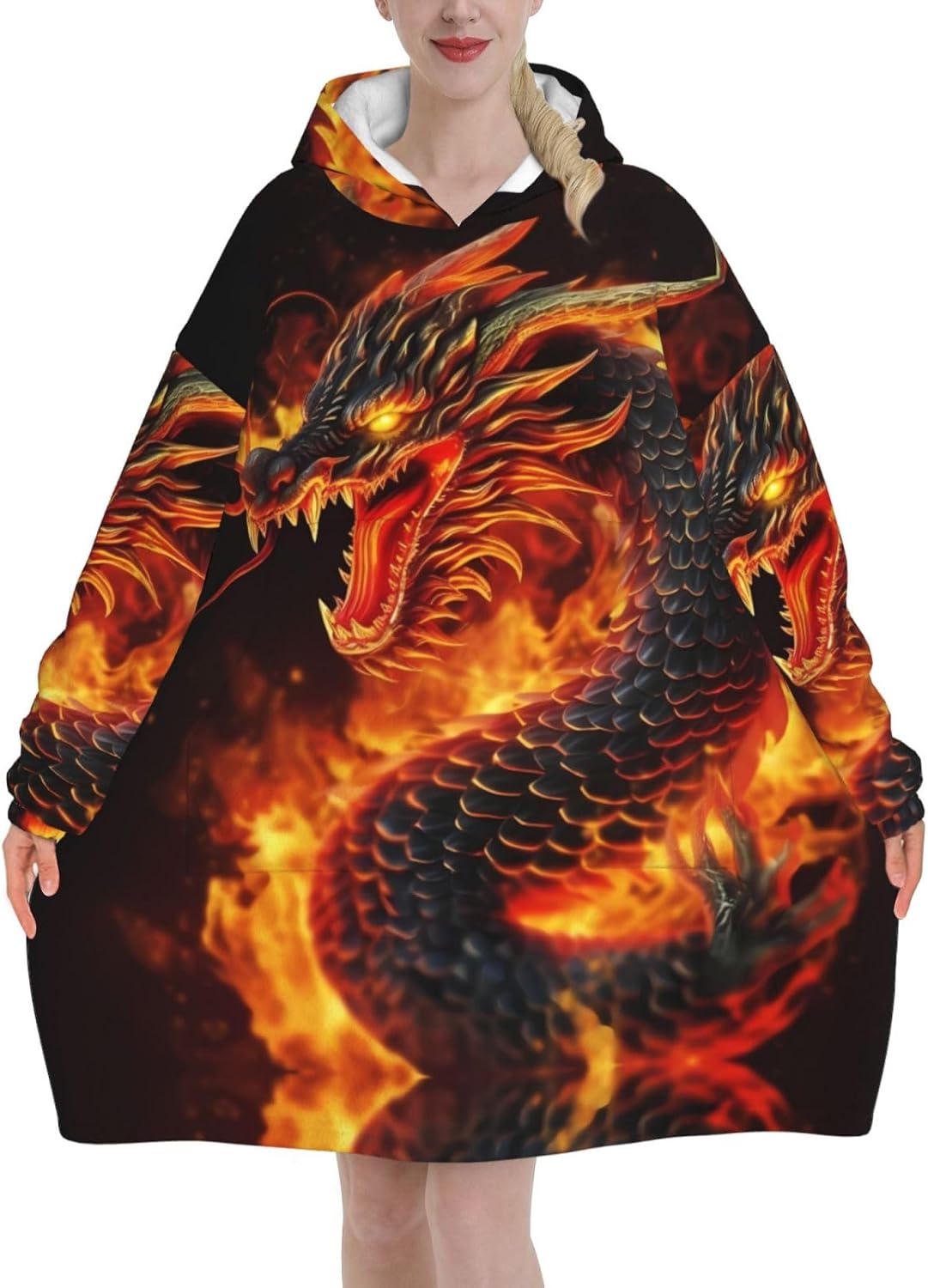 Fire Chinese Dragon Print Blanket Hoodie Wearable Blanket Hoodie For Adults With Pockets For Women