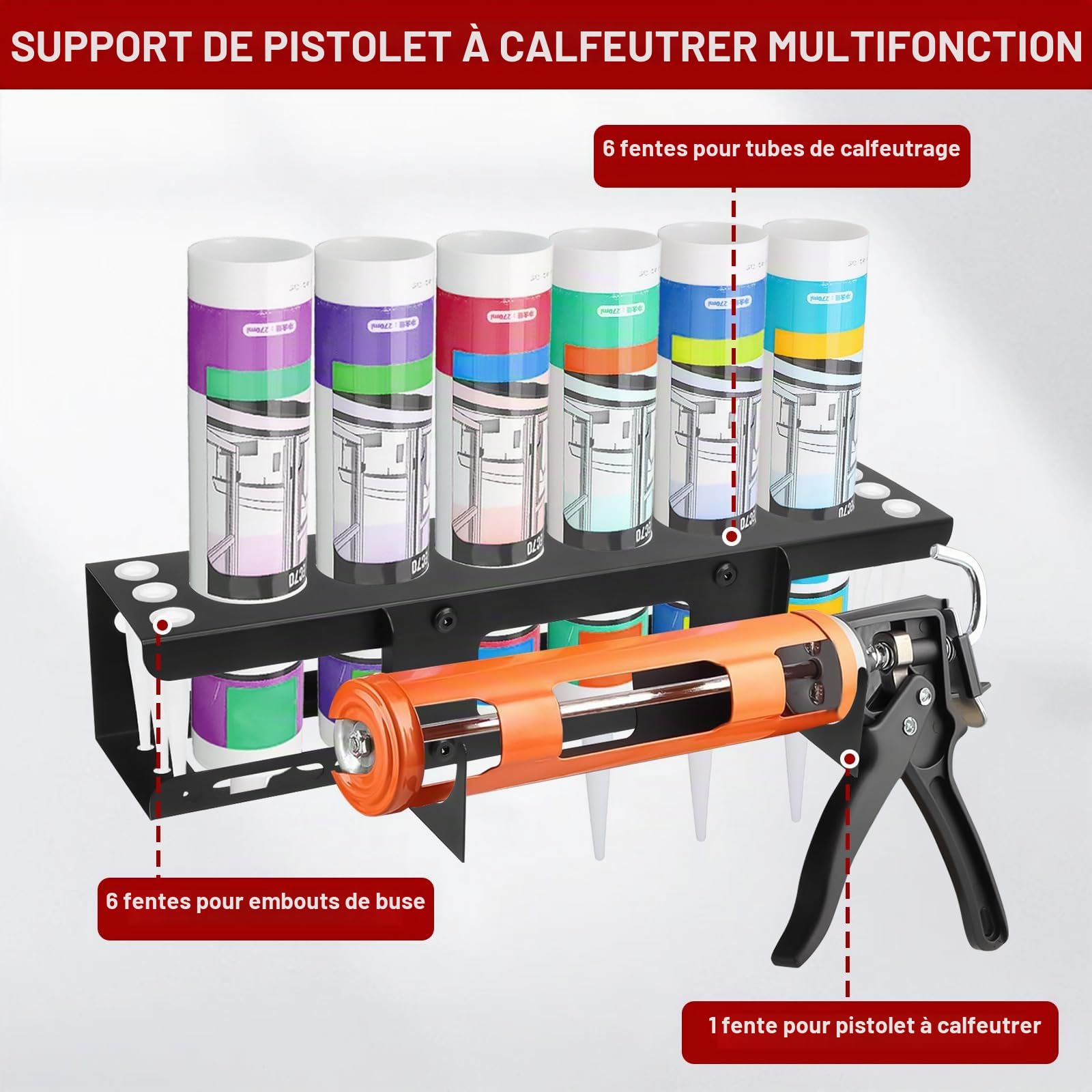 Tefola Support de rangement mural en silicone pour tubes de calfeutrage, pistolets à calfeutrer, support en métal pour rangement d'outils de van, accessoires pour 6 tubes de calfeutrage (1)