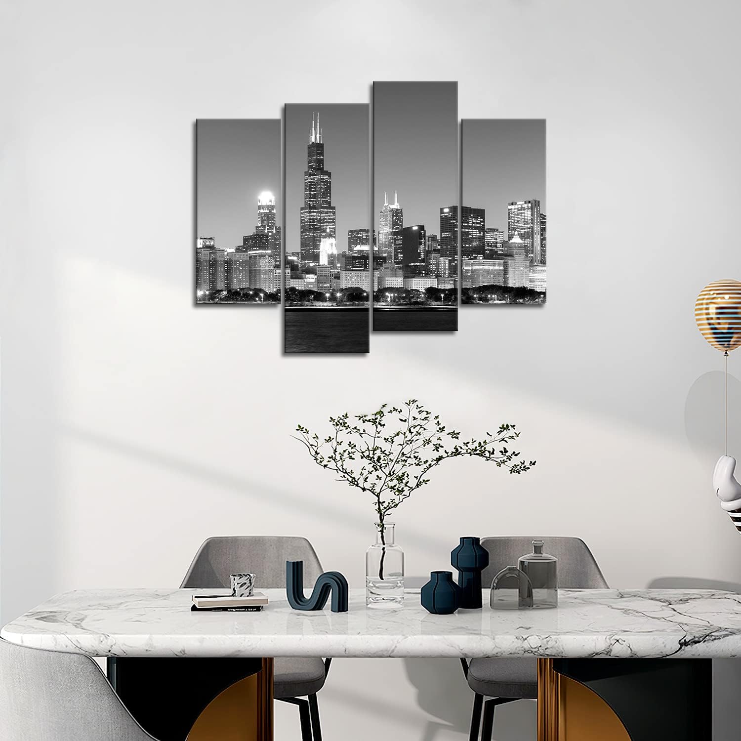 Chicago Wall Art Chicago Skyline at Night in Black and White Picture Cityscape Print On Canvas Giclee Artwork for Wall Decor