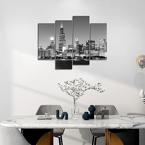 Miniatura 5 de 4 unidades de pintura de tela moderna arte de pared la imagen para la decoración del hogar, vista panorámica del horizonte de Chicago de noche, en