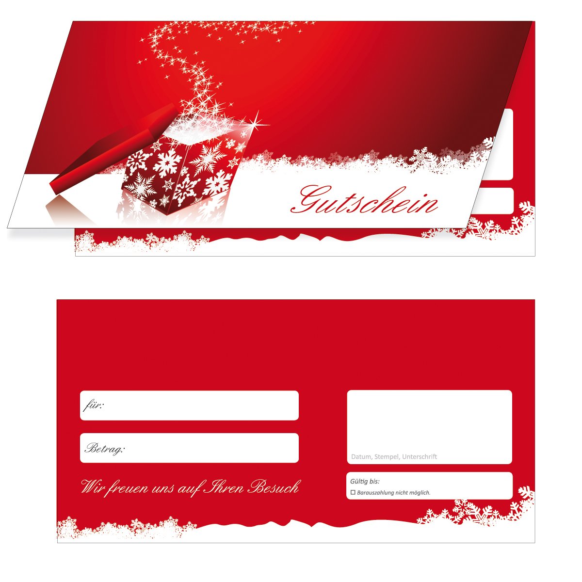 100 Winter Geschenkgutscheine rot (4-Seitig als Klappkarten) für jeden Bereich geeignet. Ein super Produkt für Ihre Kunden. Gutscheine Gutscheinkarten