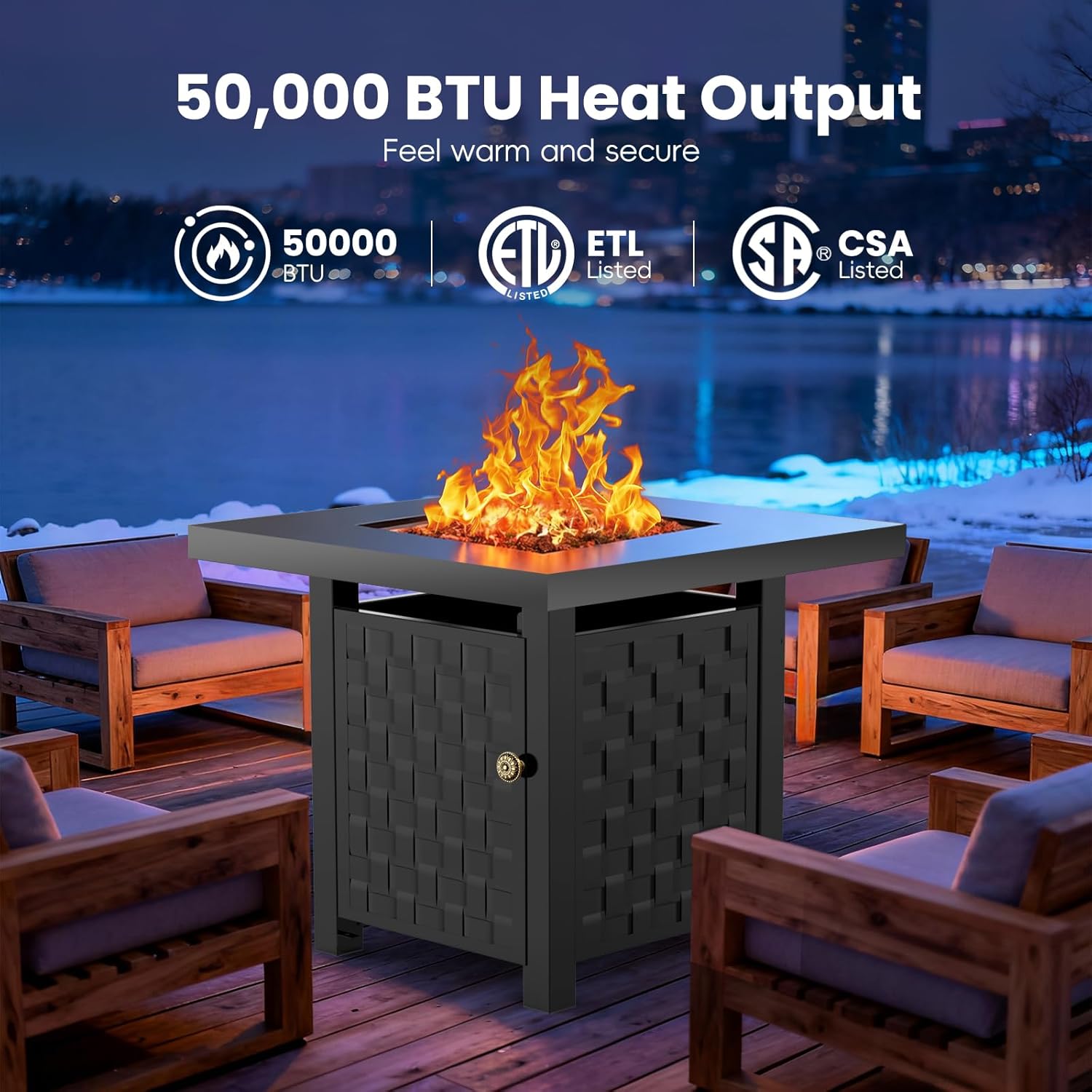 Top image shows the fire pit in operation. Bottom image shows the fire pit converted into a dining table with a steak and wine glass.