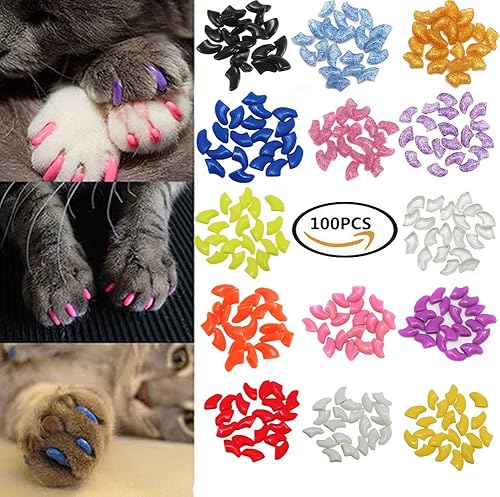 Miniatura 2 de VICTHY 100 gorras suaves para uñas de gato y mascotas para gatos patas aseo uñas tapas de 5 unidades al azar 5 unidades de pegamento adhesivo con 5