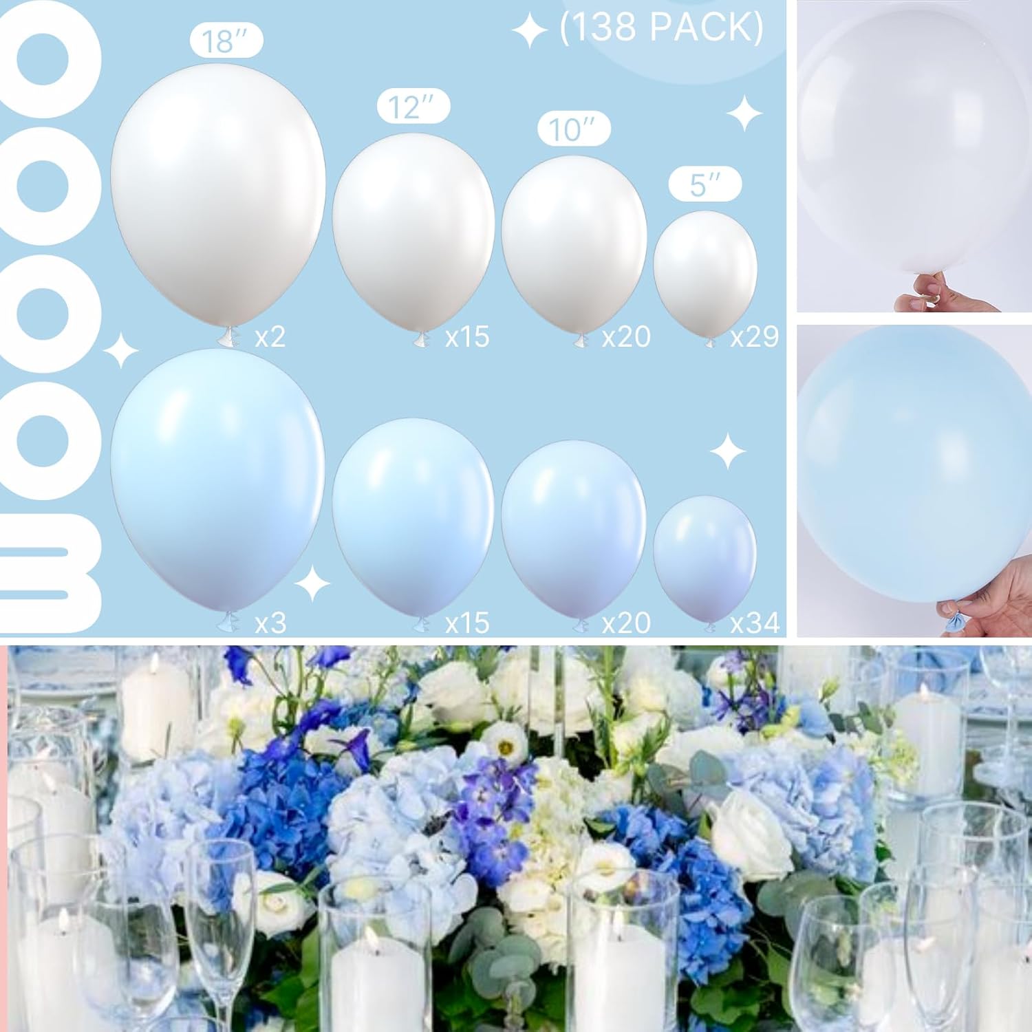 Image showing the different sizes of blue and white balloons included in the kit: 18-inch, 12-inch, 10-inch, and 5-inch balloons.