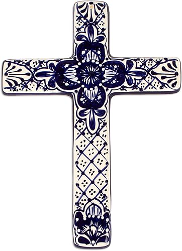 NOVICA Talavera - Cruz de pared de cerámica floral pintada a mano en azul y blanco, flor talavera, flor