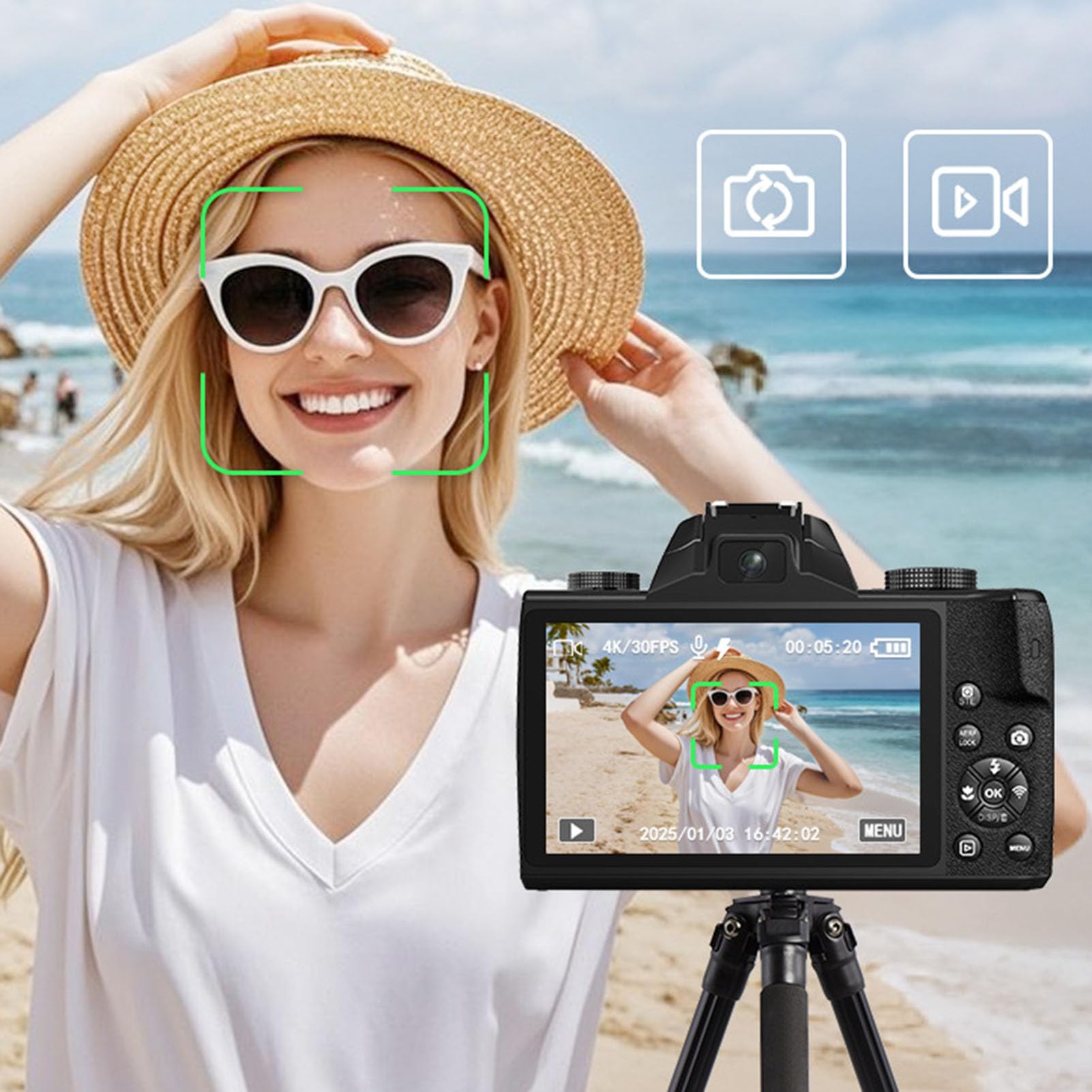 Fotocamera Digitale, Fotocamere 4K per Fotografia Video, Touch Screen WiFi da 75 MP Vlogging, Zoom Ottico Touch Screen da 4 Pollici Flash Paraluce Batteria 3000 MAh, per
