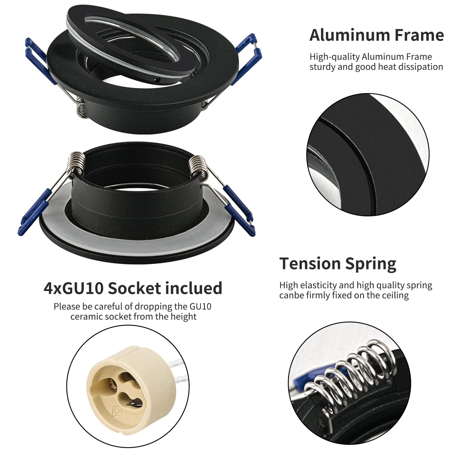 GeyouLux 4x wpuszczana lampa punktowa LED 230 V IP44 Rama z gniazdem GU10, czarne aluminiowe reflektory sufitowe z aluminium, okrągłe płaskie reflektory łazienkowe rama montażowa 68 mm na zewnątrz -