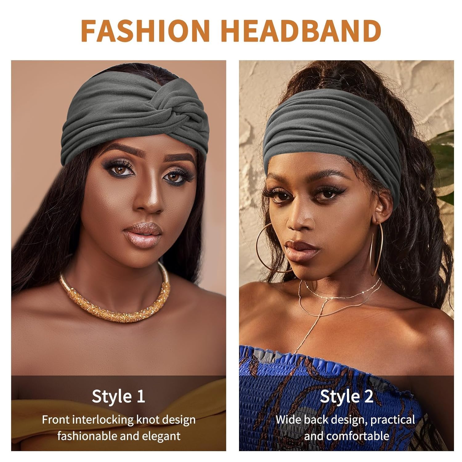 Kavya Fascia Capelli Donna 4 Pcs 7'' Elastico Cerchietto Capelli Donna Movimento Yoga Fasce Per Capelli Bandana Extra Large Headband Boho Accessori Per Capelli (Grigio)