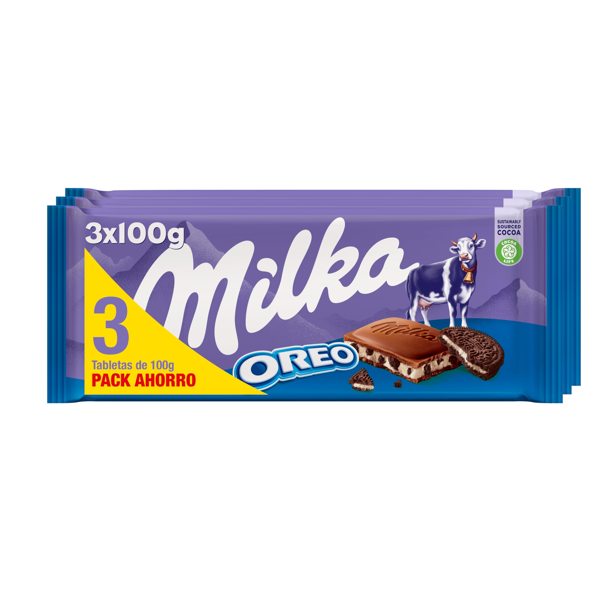 Milka Oreo, Tableta de Chocolate con Leche de los Alpes y Trozos de Galleta Oreo, Pack Formato Familiar 3 Tabletas, 100 g