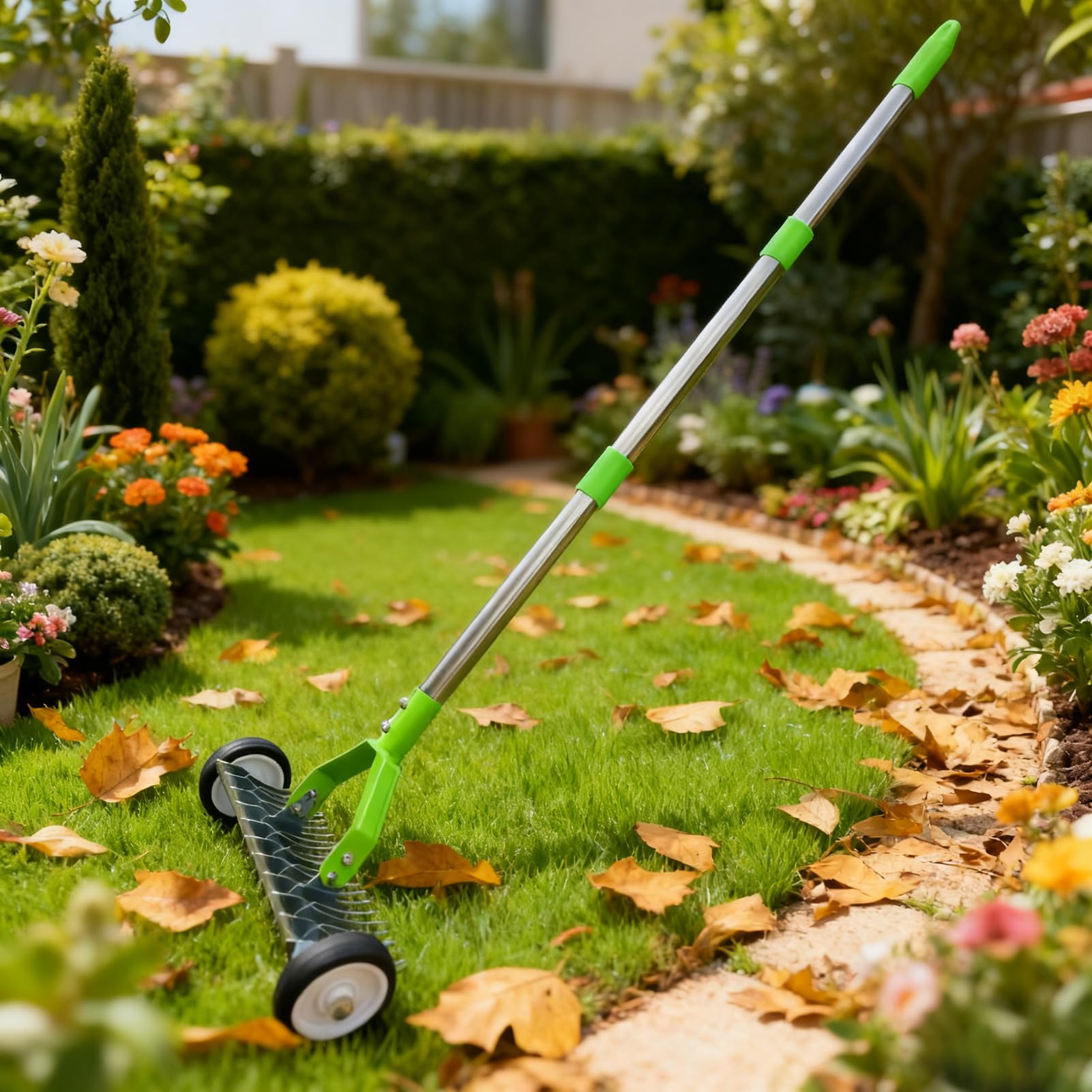 Rastrillo para Césped con Ruedas Mango Largo De Metal Herramienta De Mano | Rastrillo Nivelador Con Ruedas Para Jardinería Para En Exteriores Jardín Y Patio Hojas Hierba Aflojar Tierra Y Recoger M