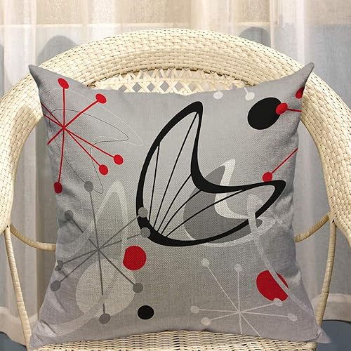 Miniatura 4 de Mugod Fundas de almohada con patrón atómico, vintage, geométrico, de mediados de siglo, rojo, gris, negro, blanco, funda de almohada de algodón y