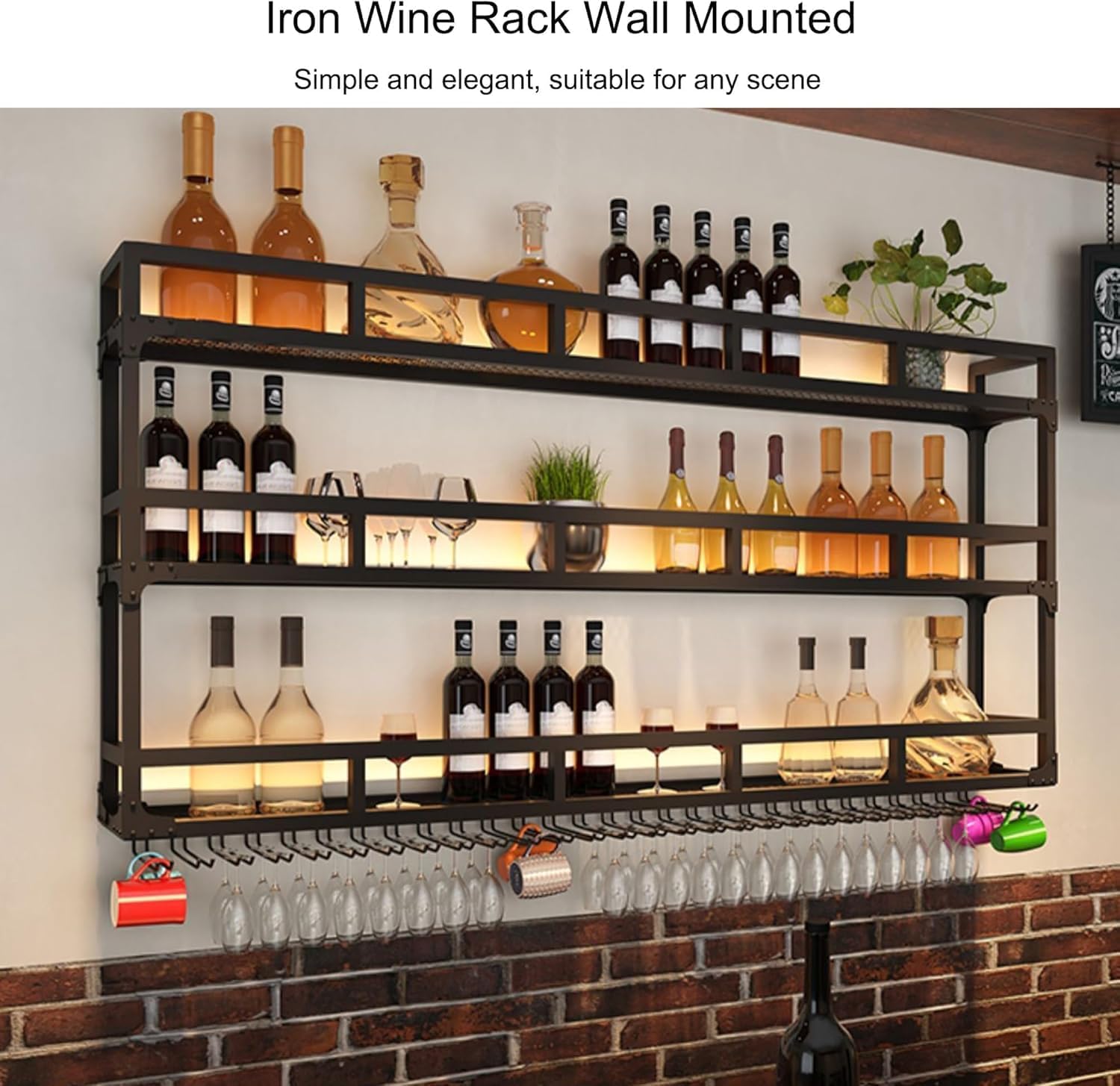 Wall-Mounted Wine Rack with LED Light - Modern 3-Tier Metal Wine Bottle Holder & Glasses Shelf for Home Bar Display (Size: 31.5x9.8x35.4in)