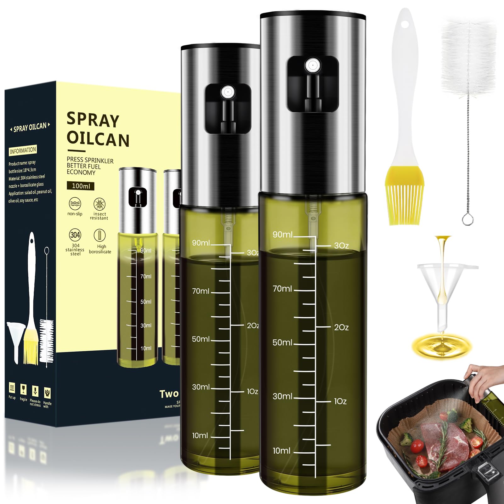 Oil Spray, 2 Pieces Oil Spray Sprayer for Cooking Glass and Stainless Steel, Non-Drip Dispenser for Oil, Vinegar, Salads, Grills and Air Fryer