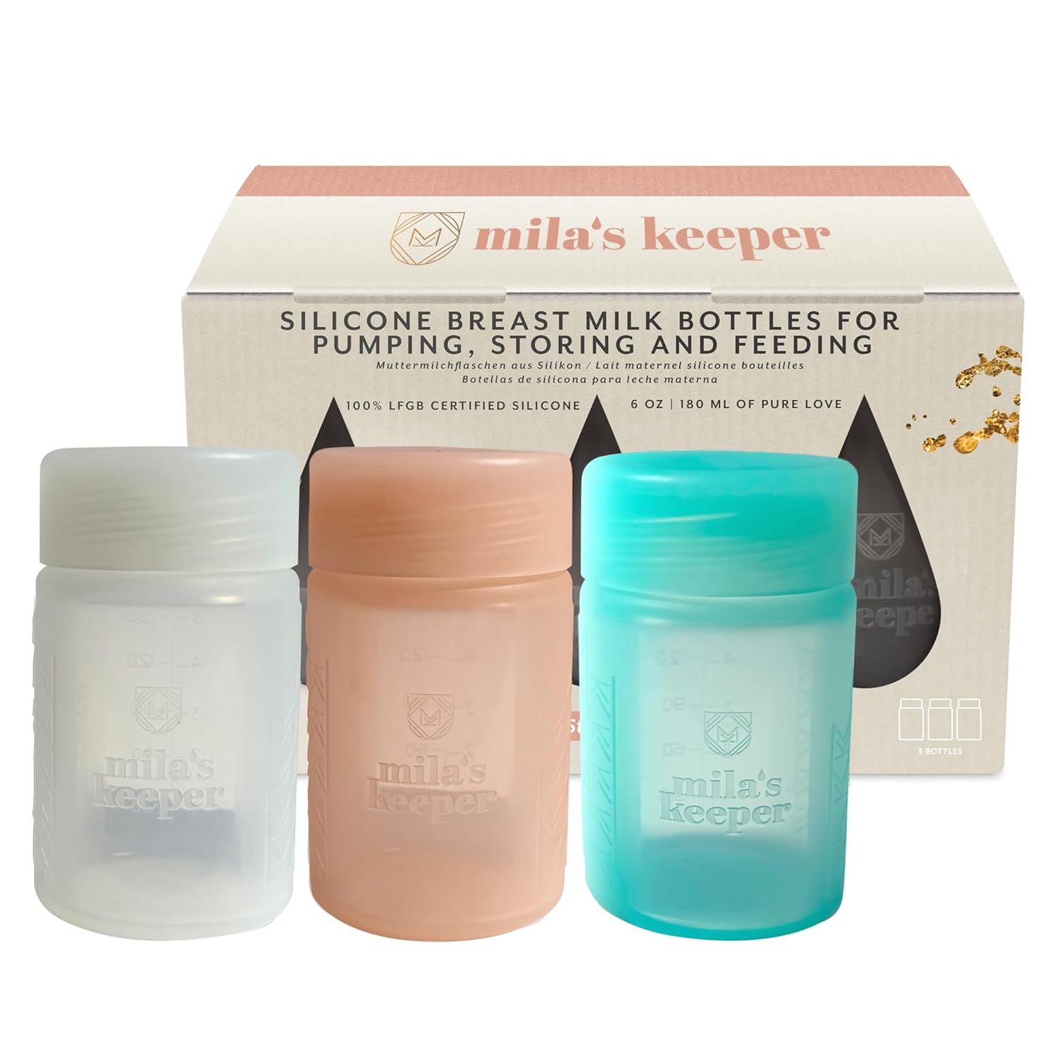 Mila's Keeper Premium Silicone Breast Milk Storage Bottles, for Pumping, Storing and Feeding, Fits Leading Pumps and Nipples, 6 oz Silicone Milk Storage Containers, Wide Neck Multi-Color, Set of 3
