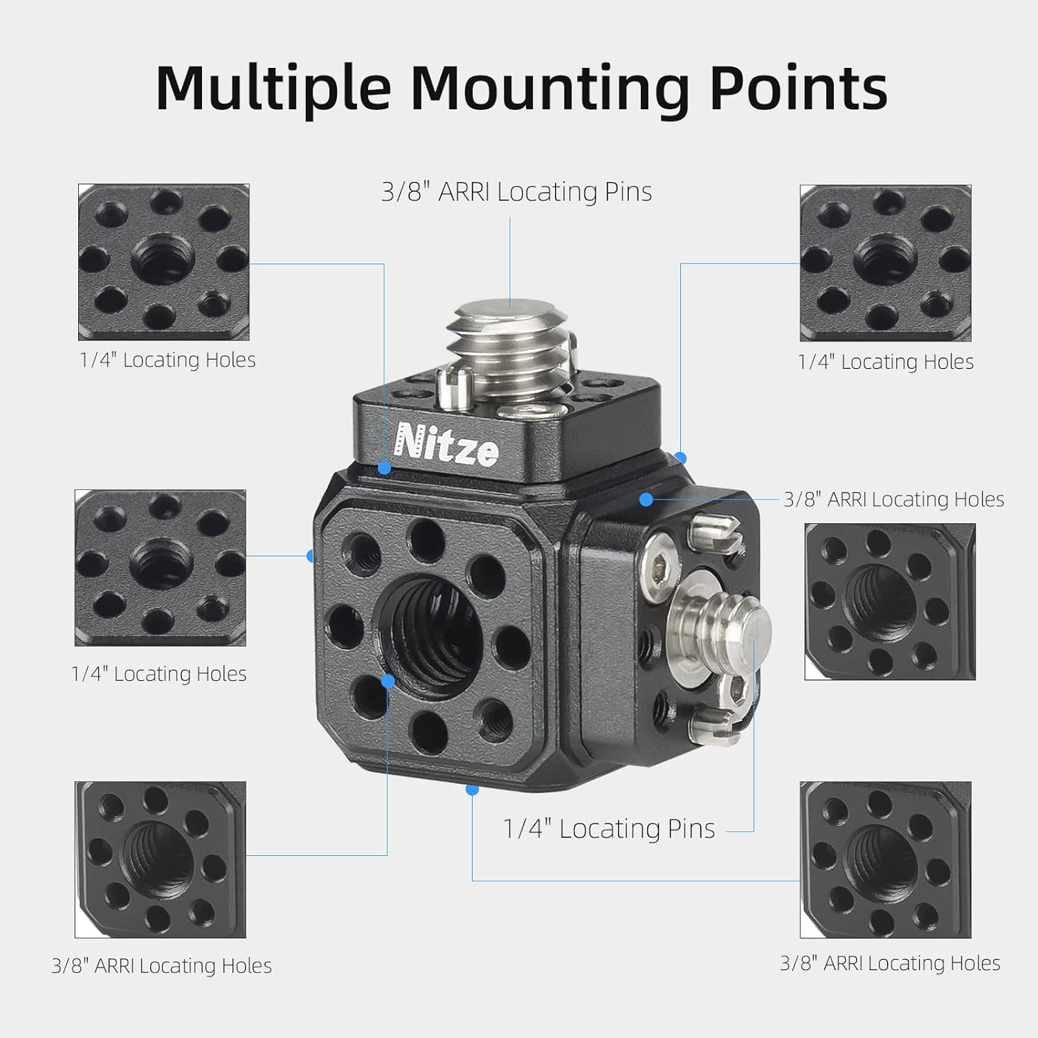 Nitze Camera Mount Cube Adapter (6-Sided) Universal Camera Mount with 1/4” Locating Holes, 3/8” Locating Holes, Cold Shoe Adapter, 1/4” Screws, 3/8” Screws and Locating Pins - N82B