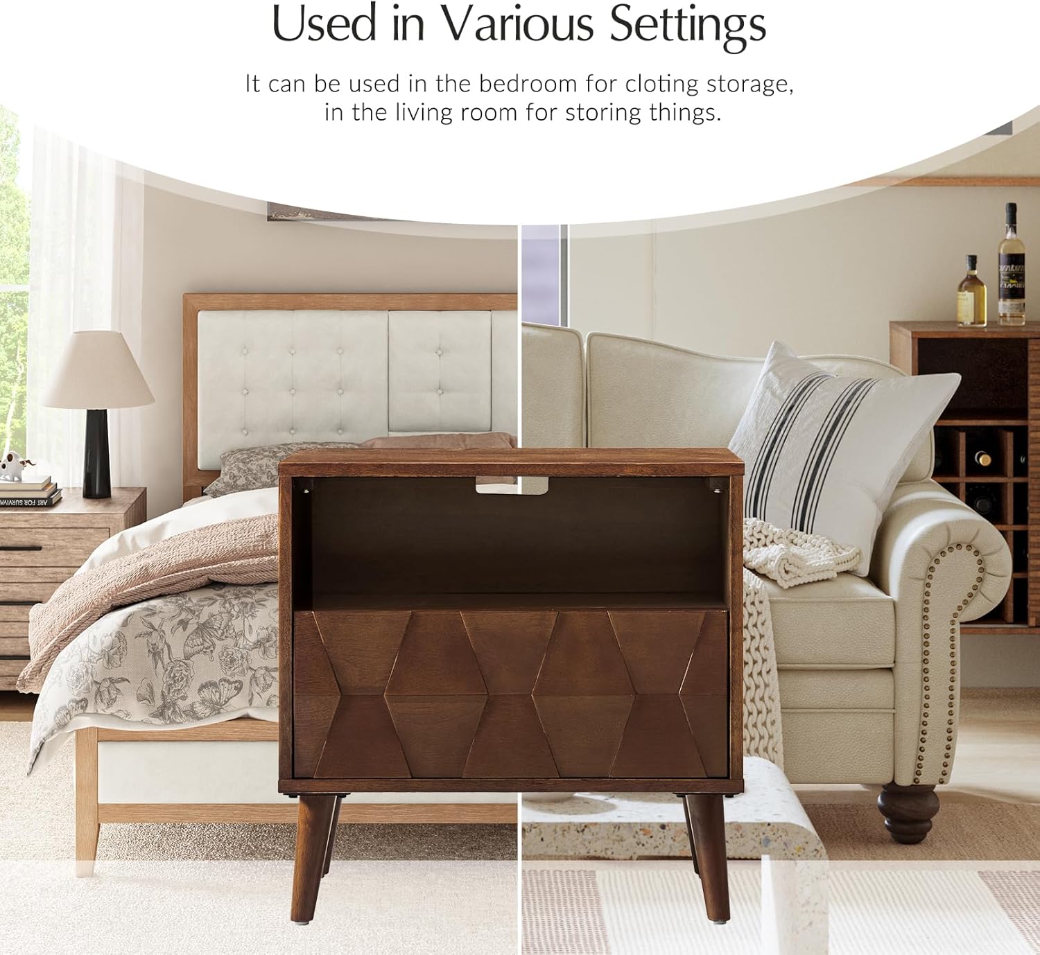 HULALA HOME Mid Century Modern Nightstand with Solid Wood Legs,Drawer Organizer with Charging Station, Geometric Pattern Nightstand Set of 2, Walnut