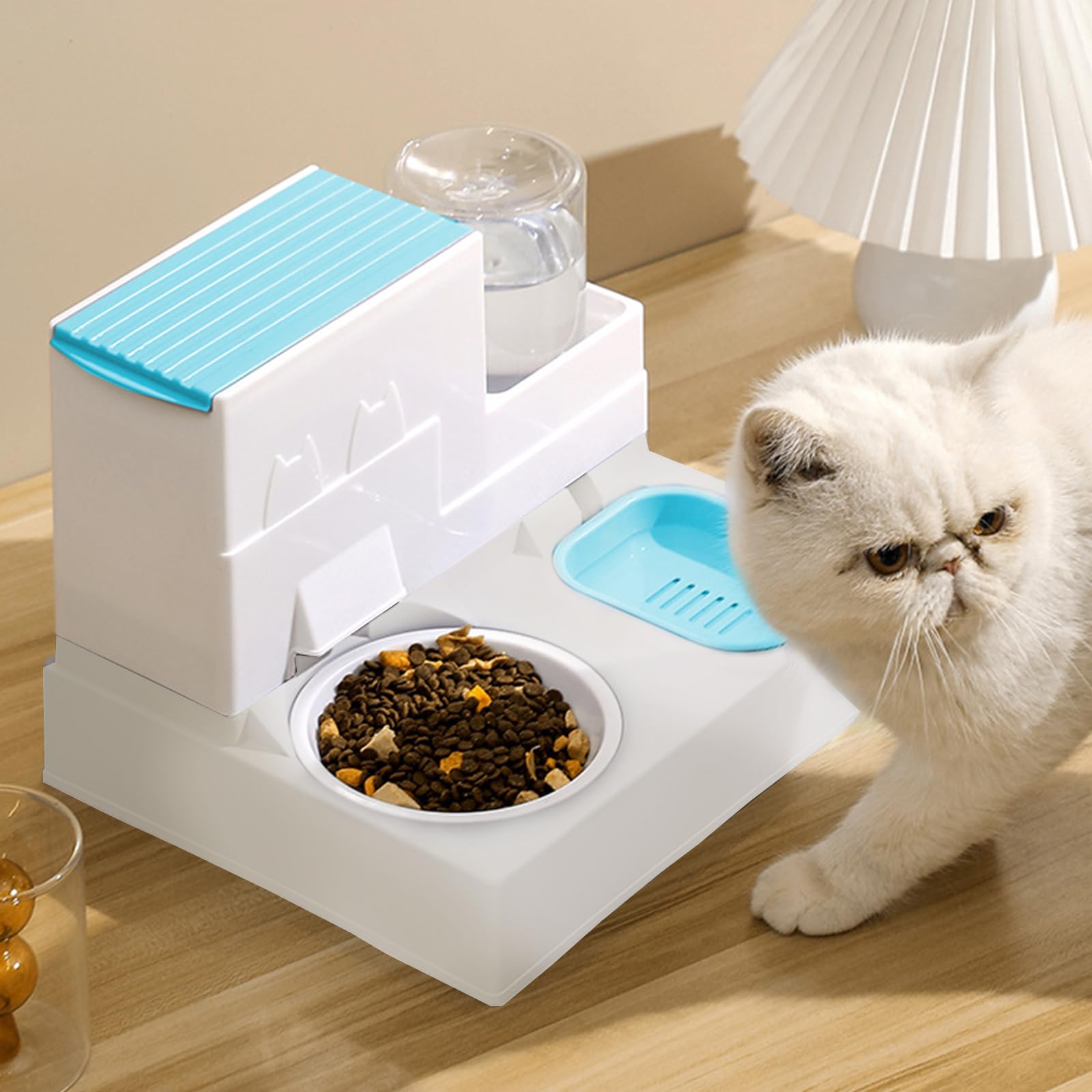 Dispensador de croquetas para gatos, dispensador automático de alimentos por gravedad, con cuenco de comida para animales, fácil de limpiar, fácil de limpiar (A azul)