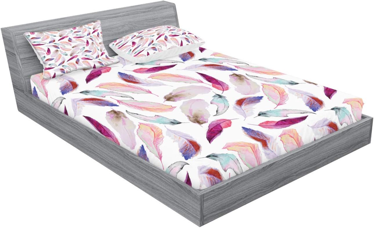 Ambesonne Feathers Fitted Sheet & Pillow Sham Set, Mix Feather Motifs in Romantic Feminine Inspired Colors Outer Wing Covert Theme, Decorative Printed 3 Piece Bedding Decor Set, Queen, Purple Pink