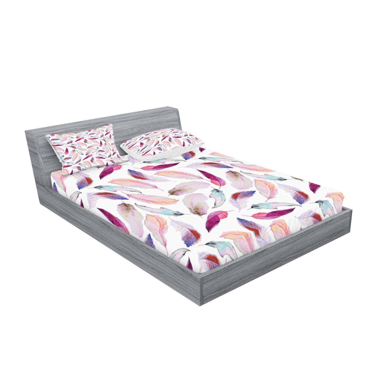 Ambesonne Feathers Fitted Sheet & Pillow Sham Set, Mix Feather Motifs in Romantic Feminine Inspired Colors Outer Wing Covert Theme, Decorative Printed 3 Piece Bedding Decor Set, King, Purple Pink