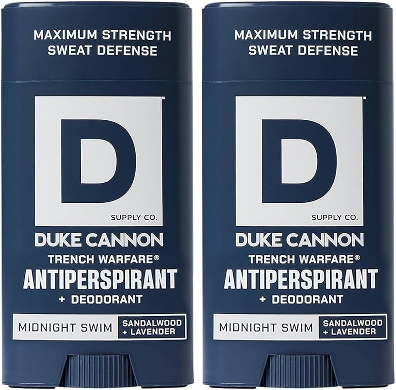 Desodorante antitranspirante masculino Duke Cannon Midnight Swim Trench Warfare® com sândalo e lavanda, à base de alumínio, Pacote com 2