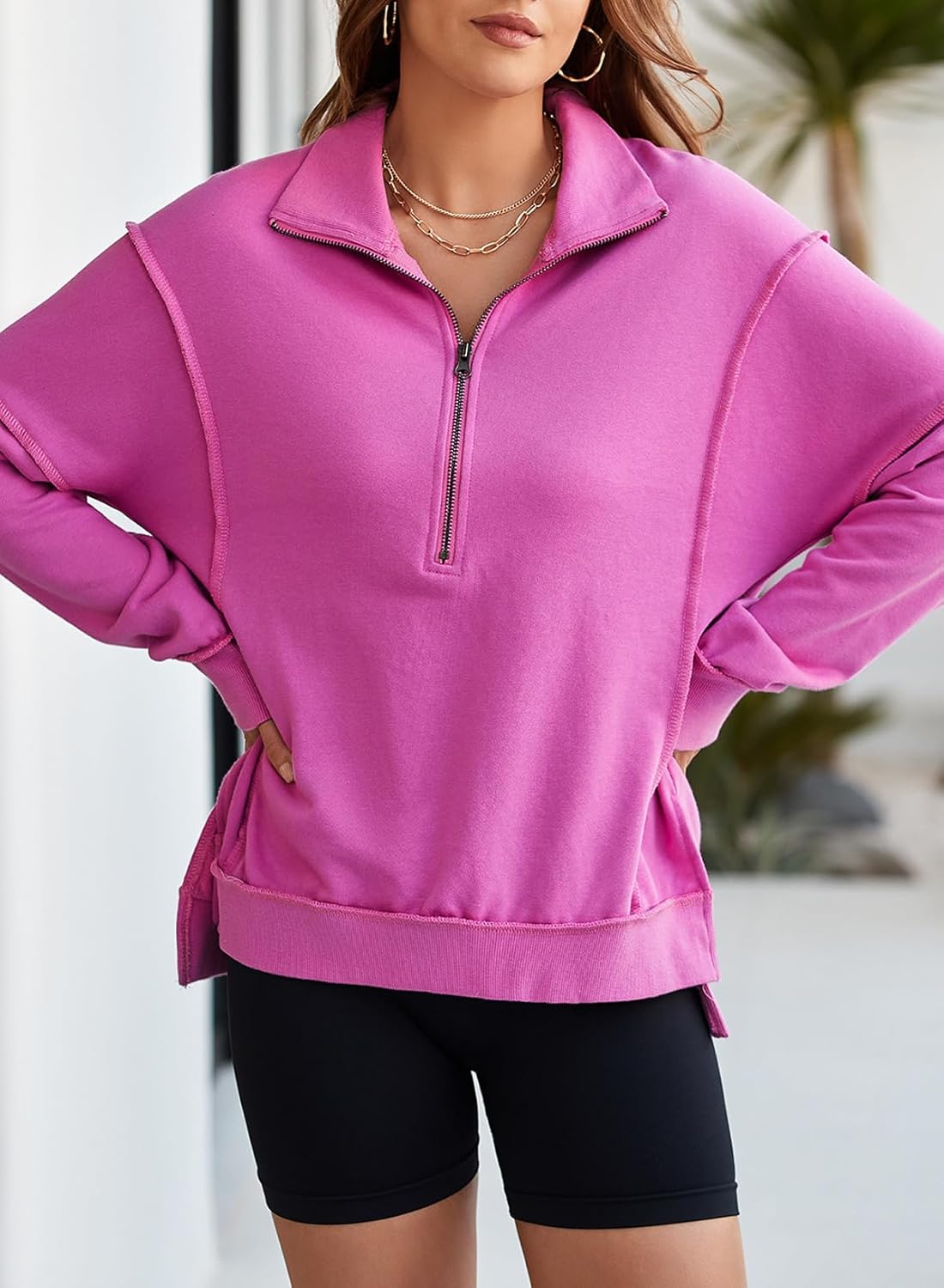 BLENCOT Womens Oversized Sweatshirt Half Zip Fleece Pullover Long Sleeve Fall Side Slit Tops - Image 3