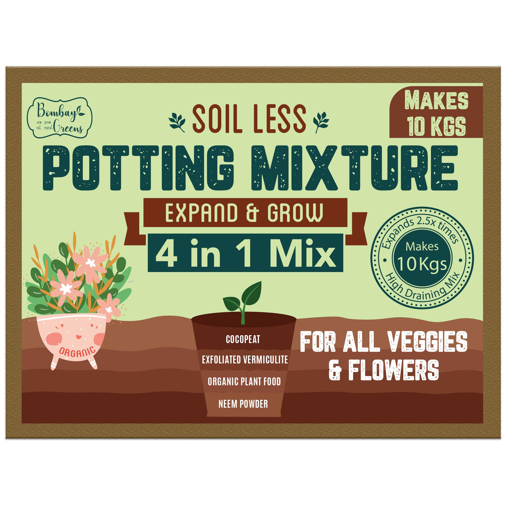 10Kg Soil Less 4 in 1 Potting Mixture - Cocopeat, Vermiculite, Neem Khad, Organic Plant Food | Pot Mix for Home Gardening or Terrace Garden - Bombay Greens