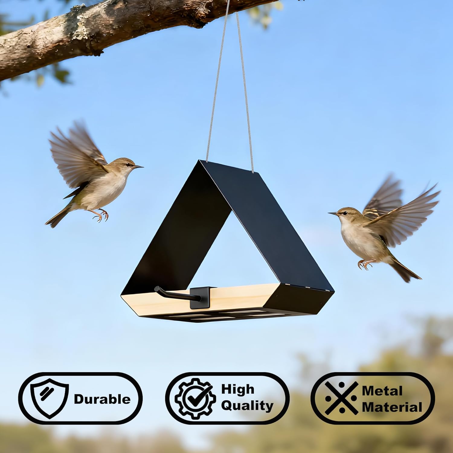 HOSUN Black Sturdy Metal Roof Bird Feeder - Durable Outdoor Hanging, Easy to Clean, Metal Mesh Ventilated, Bird Watching Gift & Garden Decor for Cardinals, Bluebirds & Wild Birds