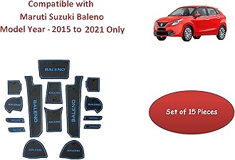 Door Cup Mats for Maruti Suzuki Baleno 2015 to 2021 Models Only, Premium Interior Car Accessories Set of 15 Pieces (Blue Trim)