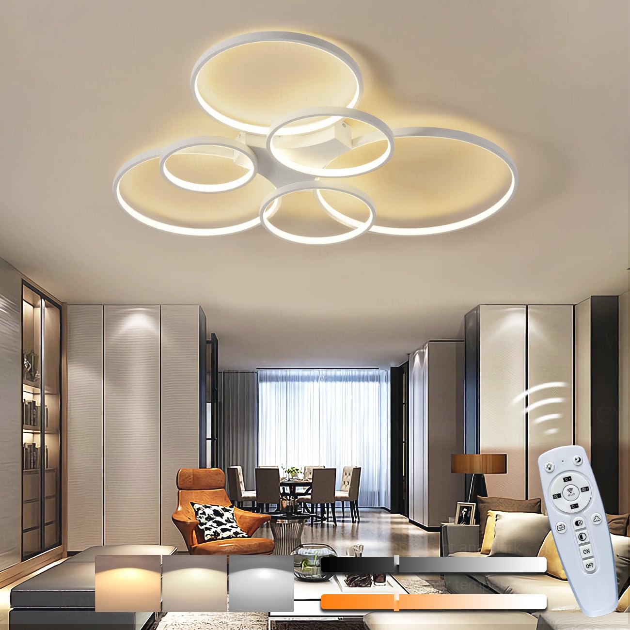 Kreatywny Ściemnialna 6-pierścieniowa lampa sufitowa do salonu 90W z pilotem 3000K-6500K Nowoczesne Plafon LED sypialni Energooszczędne Możliwość przyciemnienia do jadalni kuchni biur L100cm (Biały)