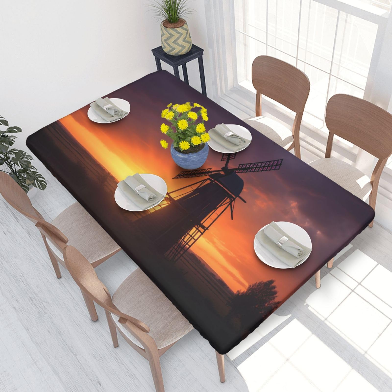 Dcarsetcv Sunset Windmill Printed 4Ft Waterproof Tablecloth With Elastic Edged Protect & Decor Your Table, Oil-Proof Washable Table Cloth Cover For Dinner Picnic Party