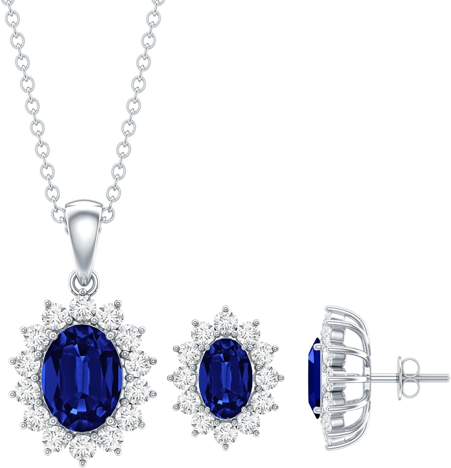 Rosec Jewels Certified 3 Carat Lab Grown Blue Sapphire Wedding Jewelry Set in Silver, Aaaa Quality - Gift For Special Occasions