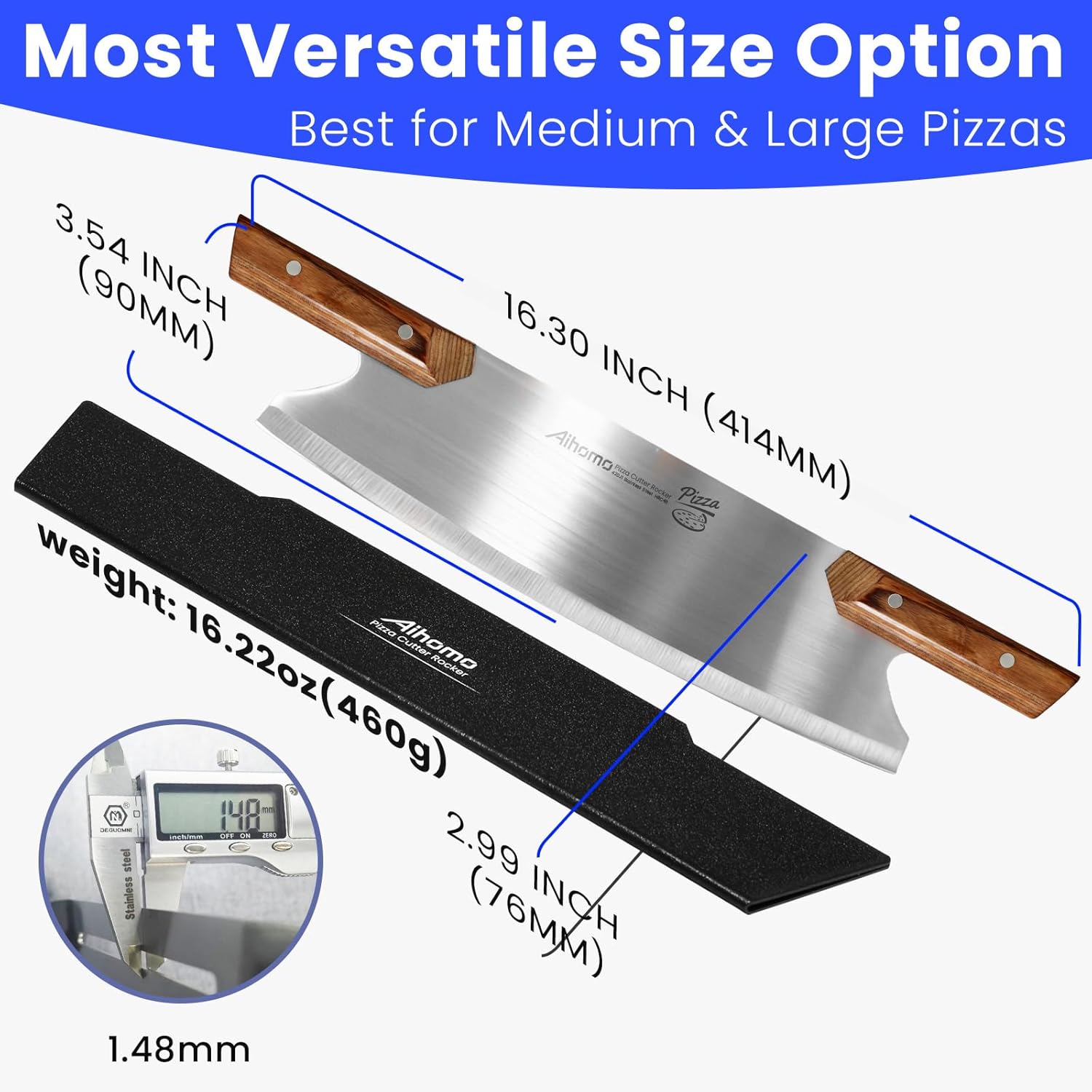 Professional Pizza Cutter Rocker, 13 Inch 420J1 Japanese Stainless Steel Blade, Pakkawood Handle with Hand-Guard, Protective Cover Included, Dishwasher Safe