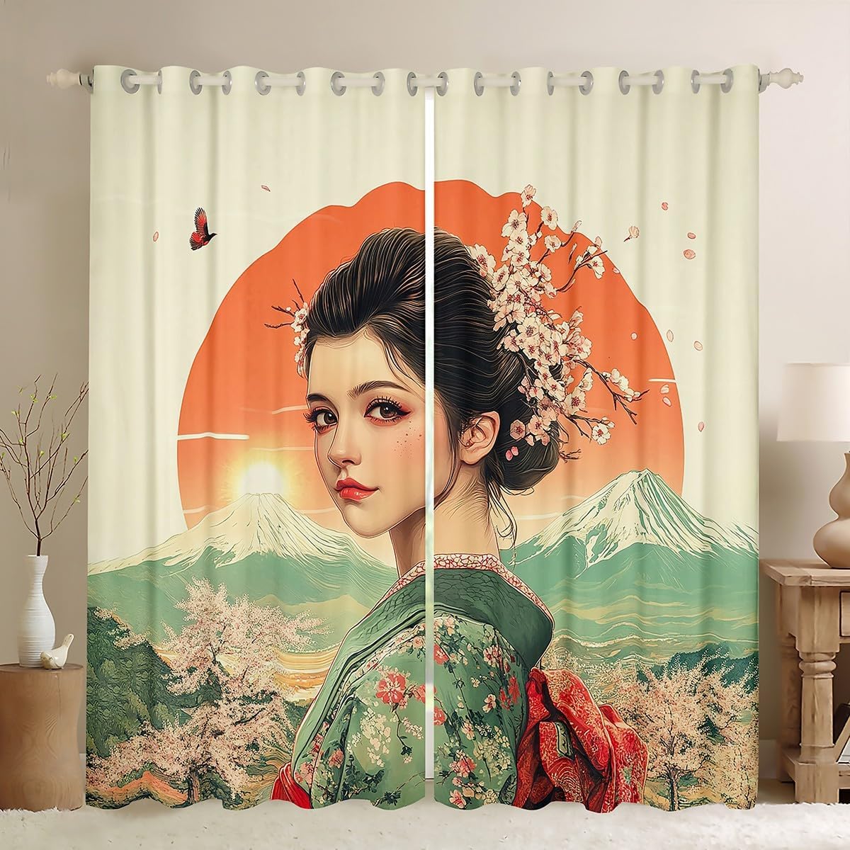 Erosebridal Geisha Curtain,Japanese Kimono Mt.Fuji 50% Blackout Curtains,Romantic Pink Cherry Blossom Window Treatments,Red Sunset Window Drapes 42''Wx63''L,2 Panels (Green,Pink,Gold)