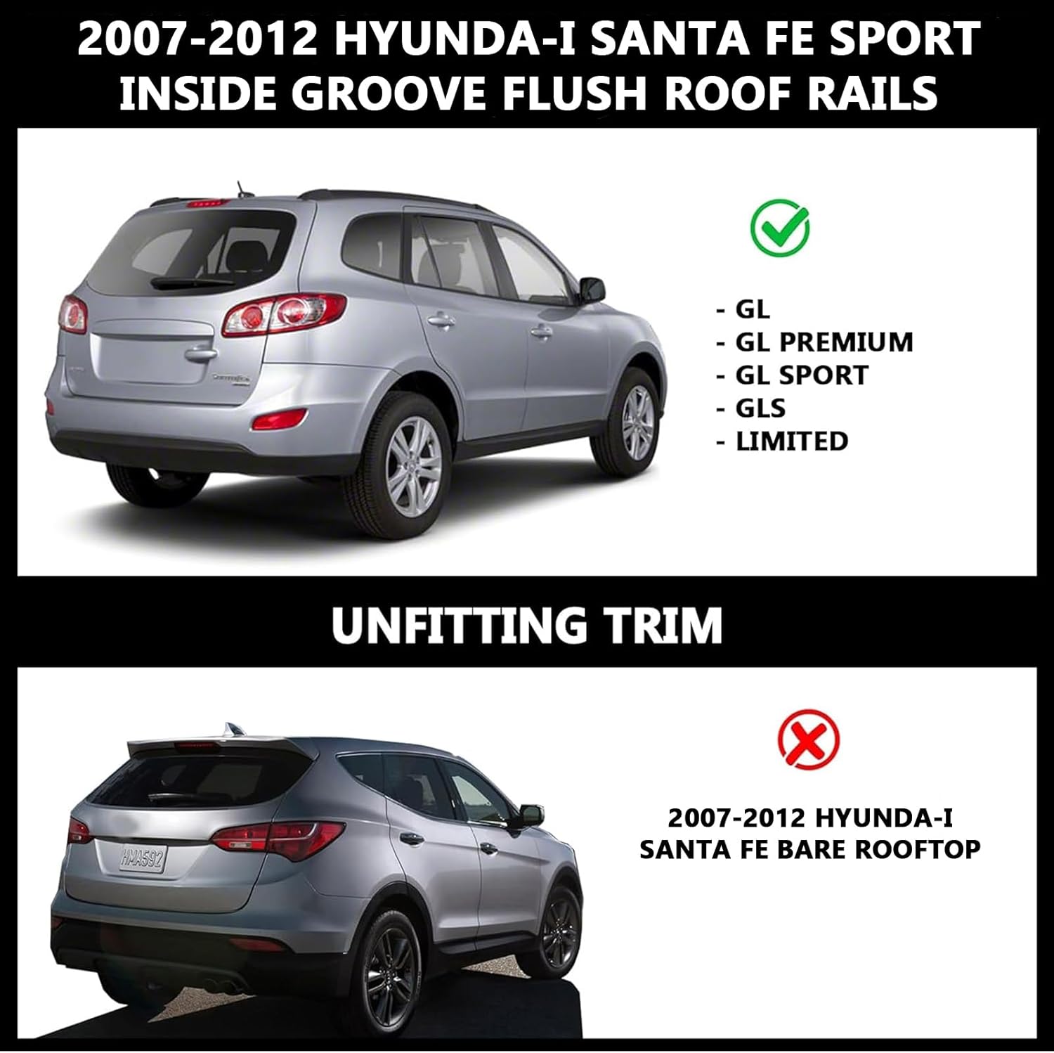 ROKIOTOEX Roof Rack Crossbars - Fit 2007-2012 Santa Fe Flush Side Rail - Panoramic Sunroof - 220LBs Load Bar - Metal Locking Cap- Easy Install & Adjusting - Wind Noise Reduction Strips Black Cougar