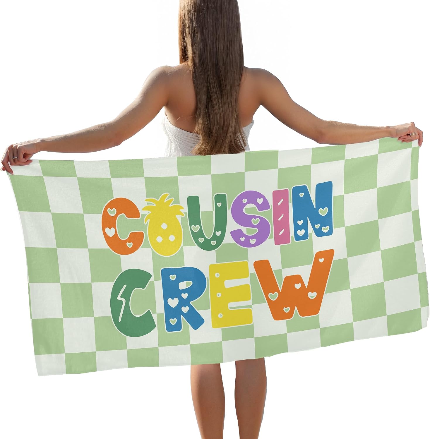 Flicy Cousin Crew Beach Towel, Cousin Gifts for Women Men Pool Towels, Green Checked Large Beach Bath Travel Towels for Swimming Camping, Gifts for Cousins Summer Bathroom Accessories Decor, 30x60in