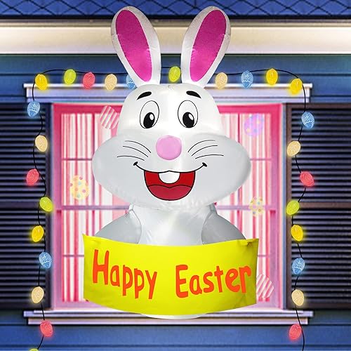Miniatura 5 de TURNMEON Conejo inflable de Pascua de 4 pies para decoración al aire libre se inclina desde la ventana conejo sostiene la pancarta de feliz Pascua