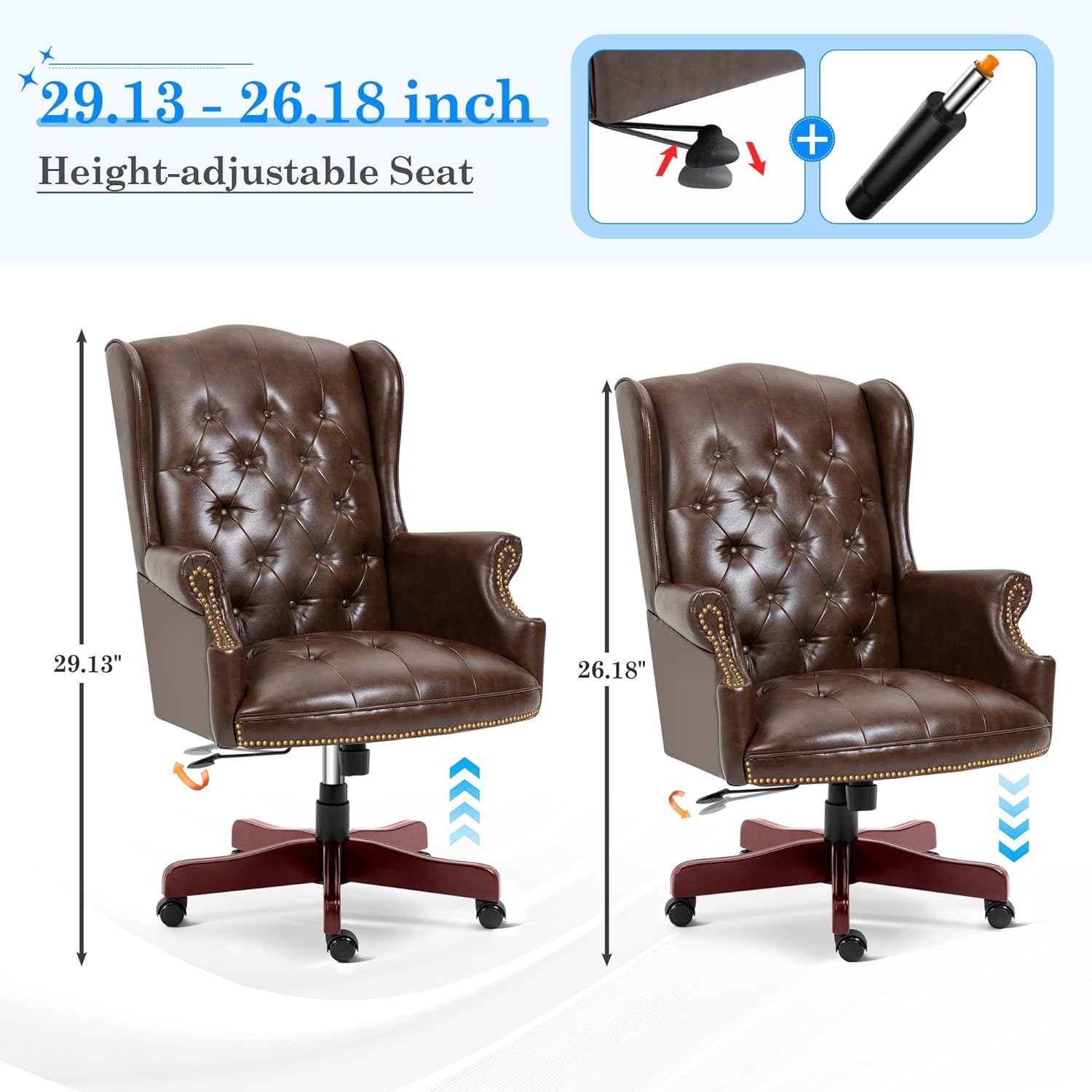 Big and Tall Executive Office Chair, Ergonomic 360° Swivel Recliner Chair, Retro Brown Faux Leather Home Office Desk Chairs w/Button Tufted Wingback Comfy Luxury Heavy Duty 500 Lb & Height Adjustable