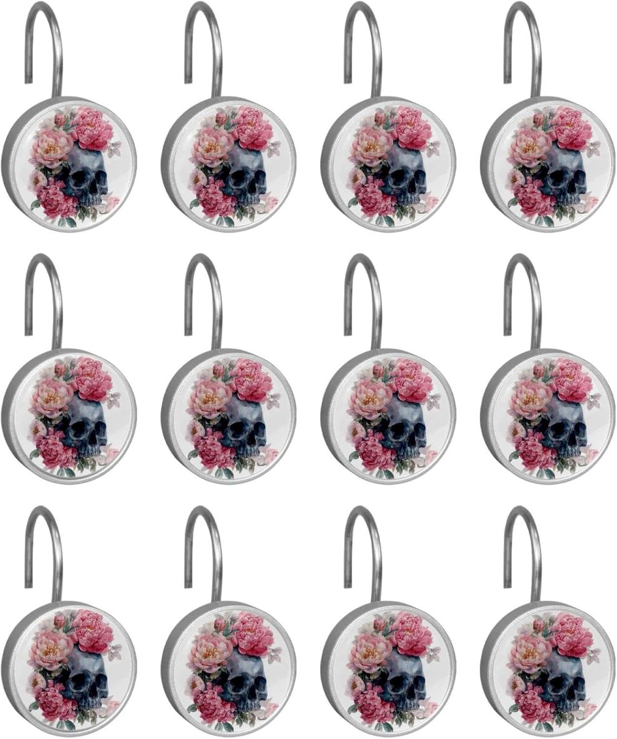 12PCS Watercolor Skull and Peonies Flowers (6) Shower Curtain Hooks Metal Rust Resistant Decorative Shower Curtain Hooks Bathroom Decorations