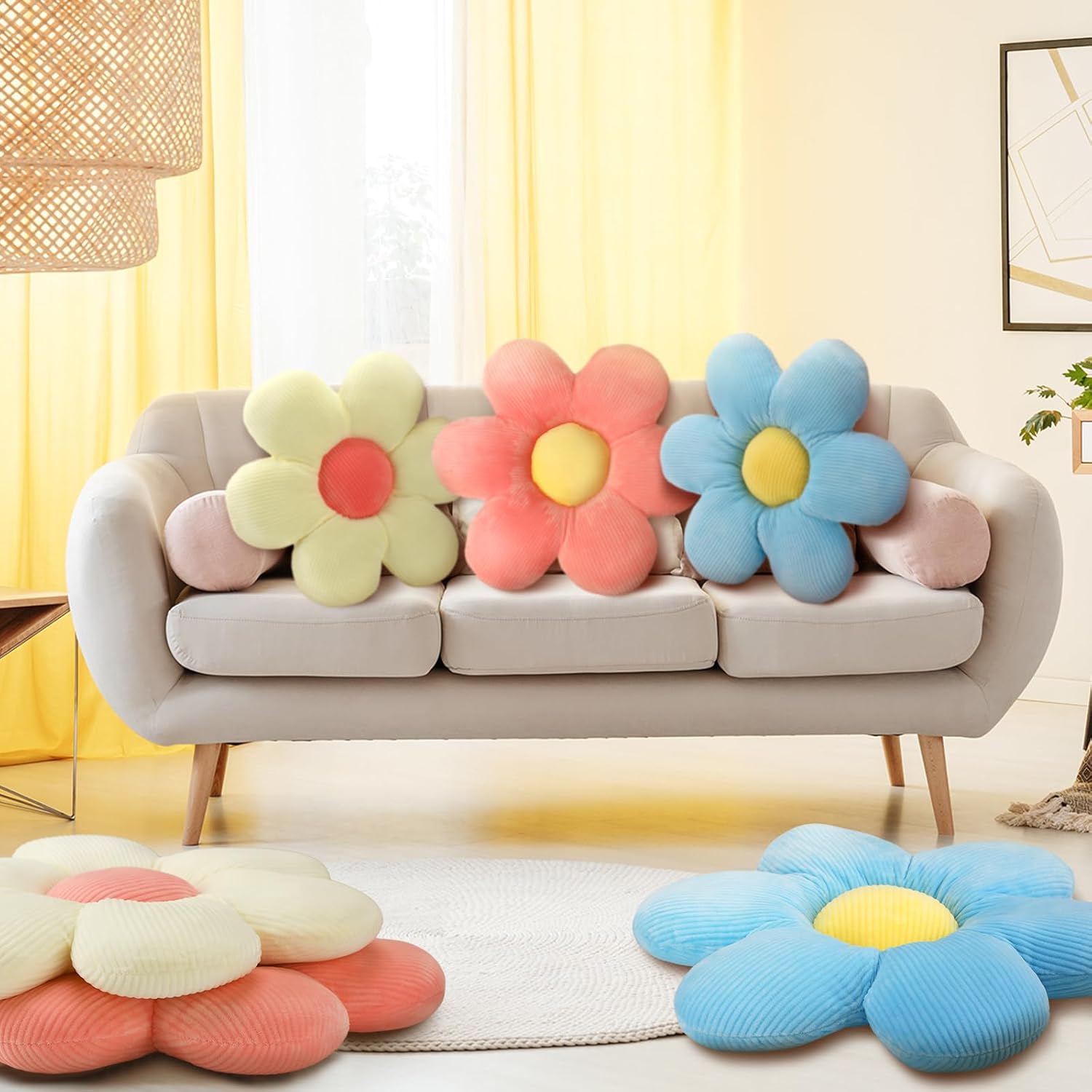 Sratte 3 Pcs Flower Pillows Flower Shaped Throw Pillows Cute Daisy Plush Pillow Decorative Floor Pillow Seat Cushion for Bedroom Home Sofa Chair Couch Decor(Multicolored,20")