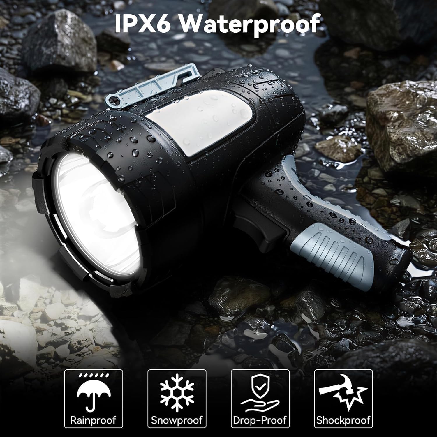 Rechargeable Spotlight Flashlight, 99,000 Lumen Super Bright Led Spotlight with 6 Modes & Foldable Tripod, Powerful Spot Light 30H Long Runtime, Handheld Spot Light for Outdoor Boating Hµnting