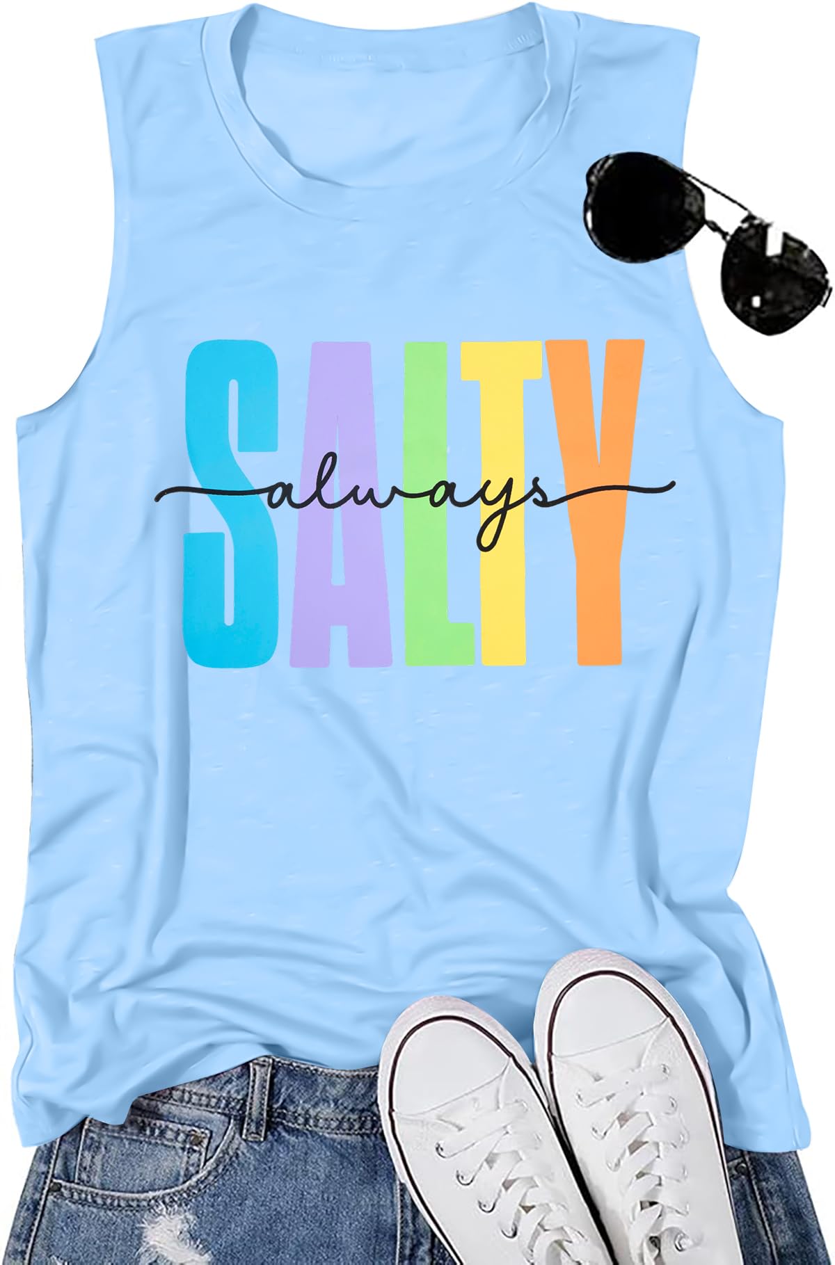 Salty Always Tank Top Women Beach Tanks Hawaiian Sleveless Vest Tops Summer Graphic Tanks Vacation Tops Workout